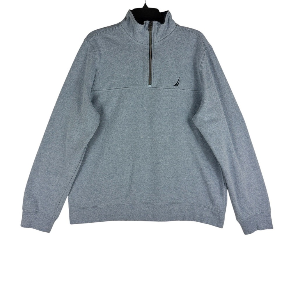 Nautica Mens Quarter Zip Pullover Sweatshirt Heather Blue Large Logo Mock Neck